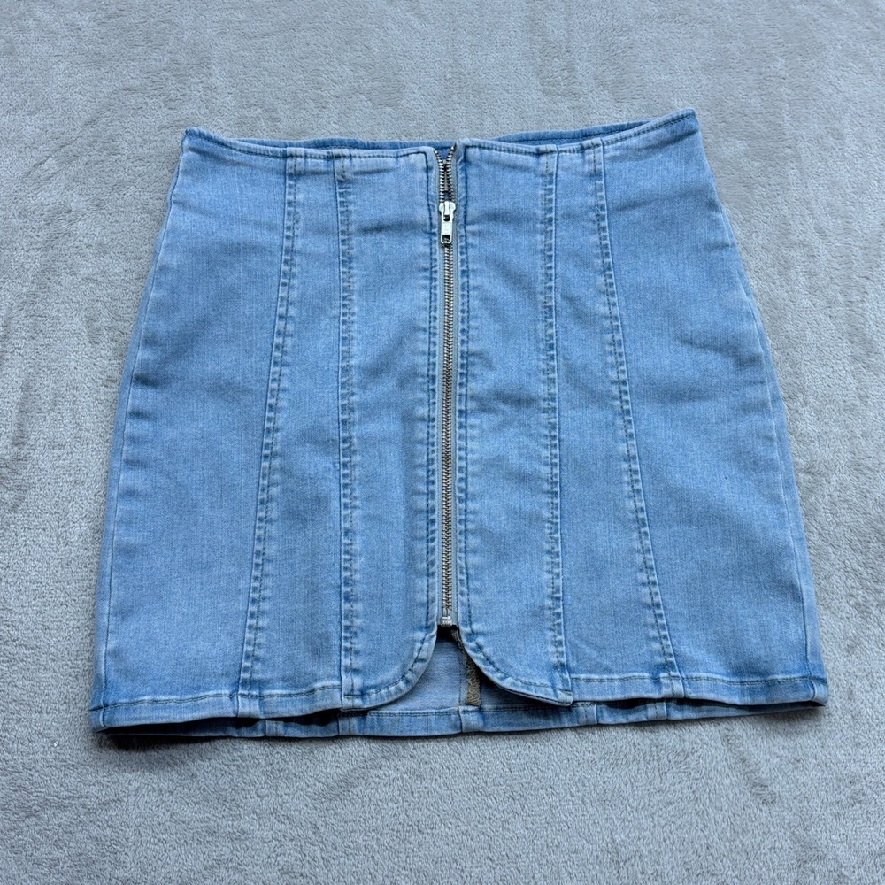 We The Free Denim Mini Skirt Womens 0 Light Wash Front Zip Panel Stitch Boho 90s